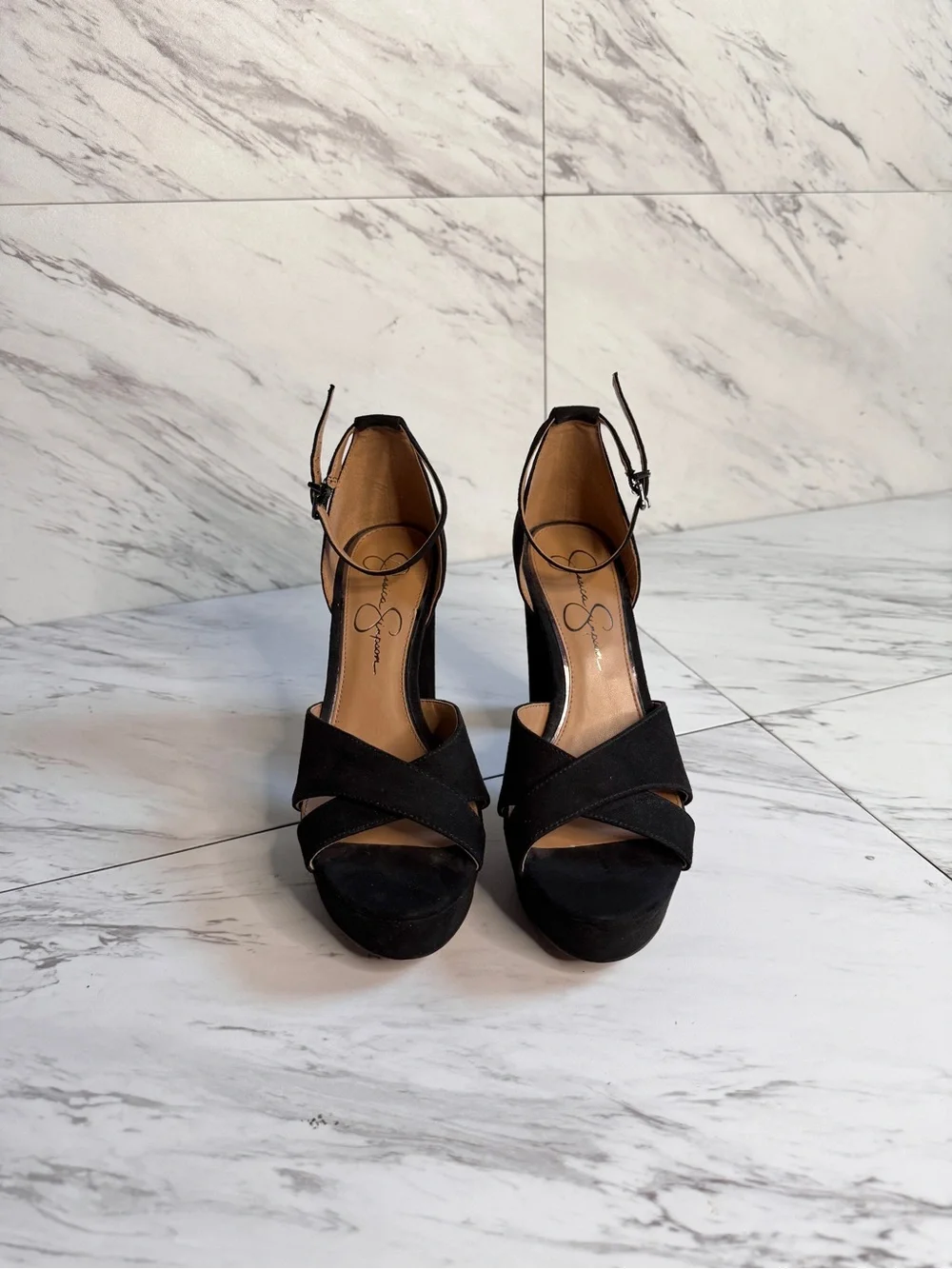 Jessica Simpson Irbella Black Suede Crisscross Platform Heels Ankle Strap 8M